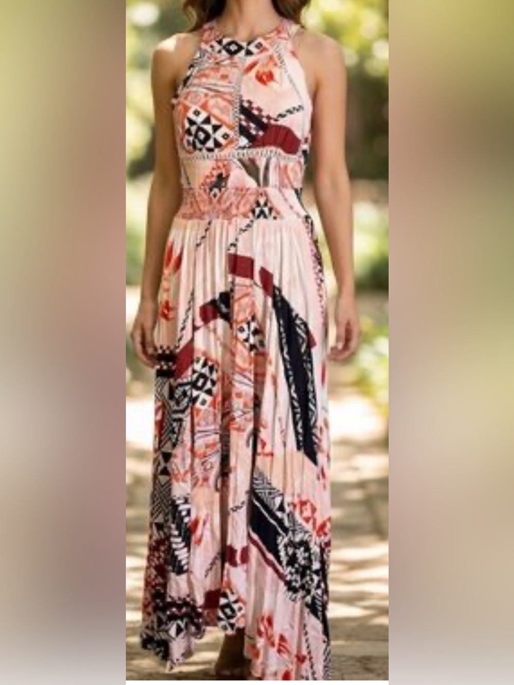 Abel the Label Halter Maxi Dress in Blush Pink/Print Size-X-Small Boho Resort